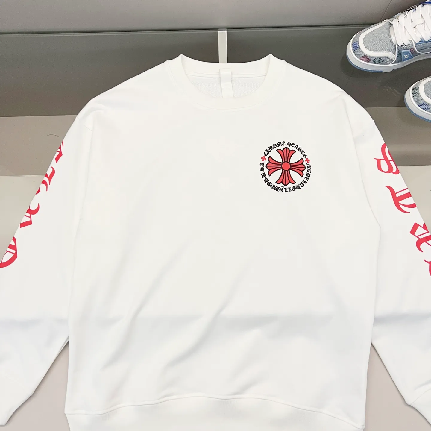 🅿️250 chrome hearts/Chrome Hearts 420g pure cotton round neck sweatshirt, front and back sleeves with cross Sanskrit letters large printed LOGO, official synchronization, 1:1 original mold opening, fashion personality, versatile trend, pure original quality, original washed fabric, tag, collar label, washed wheat, three complete labels, color: black, white. Size: XS-L